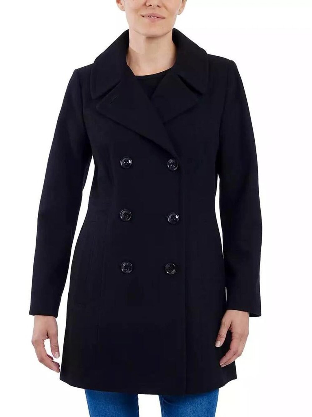 NEW Anne Klein Womens S Black Wool Blend Double Breasted Coat NWT $225 Macys